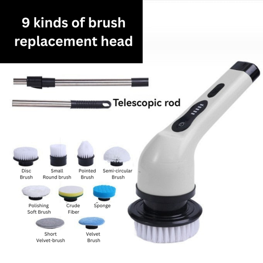 Electric cleaning brush Velluria PowerScrub in use, removing tough grime from kitchen surfaces with a rotating head and ergonomic handle.